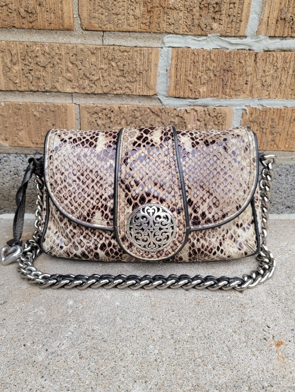 Brighton Nanette Beige Brown Snakeskin Leather Flap Chain Strap Handbag
